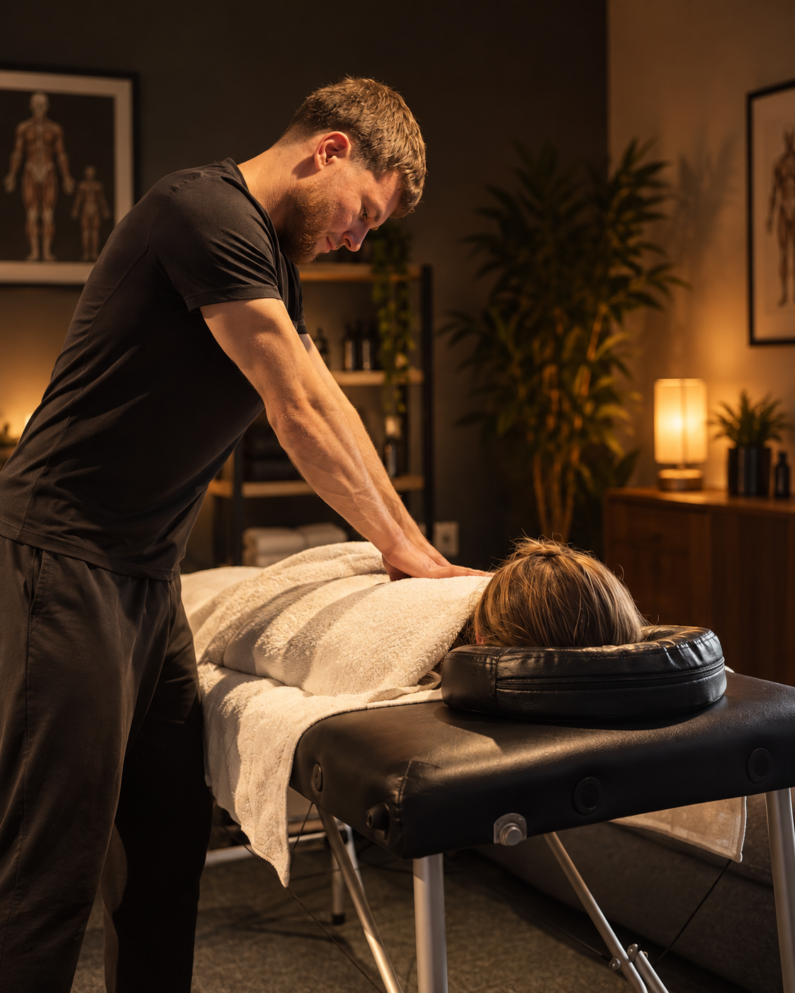 Max providing a clinical sports massage in a warmly lit treatment room